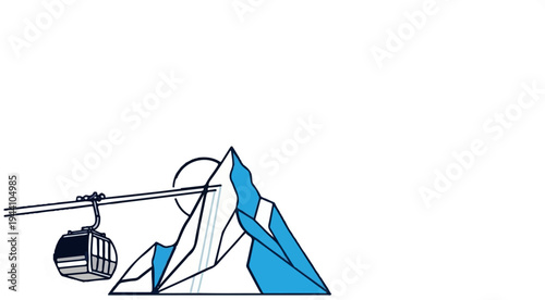 A cable car ascends a snowy mountain peak under a sun