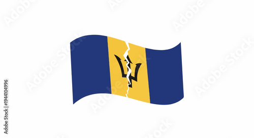 A torn flag, with blue and yellow stripes, and a trident symbol
