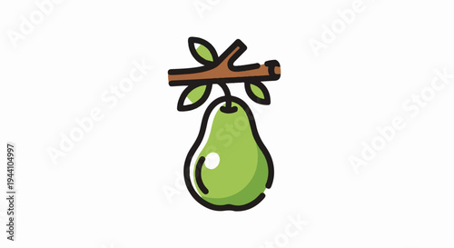 A stylized green pear hangs from a brown branch with leaves