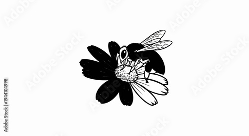 A cartoon bee with large eyes collects nectar from a black and white flower