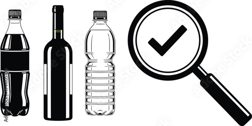 Black and white vector illustration of soda, wine, and water bottles being inspected with a magnifying glass and check mark.