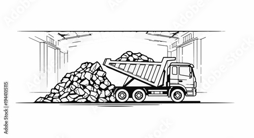 A truck unloads large stones into a pile inside a large building