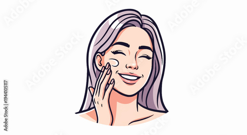 A stylized illustration of a woman applying cream to her face with joy