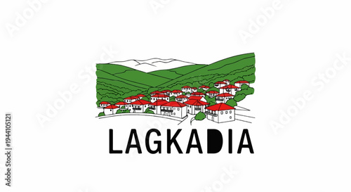 A stylized illustration of a village nestled in green hills with red rooftops