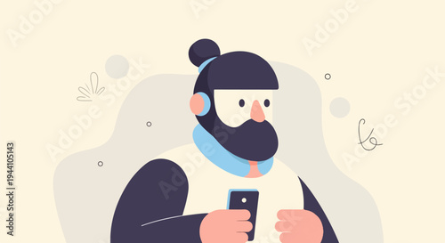 A cartoon man with a beard and bun hairstyle holding a smartphone