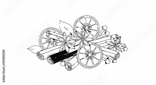 A stylized line art composition of winter spices including star anise, cinnamon, and dried orange slices