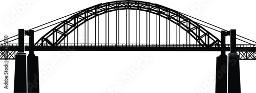 Black silhouette of a steel arch bridge structure isolated on white background for architectural design, urban infrastructure, and transportation concepts.