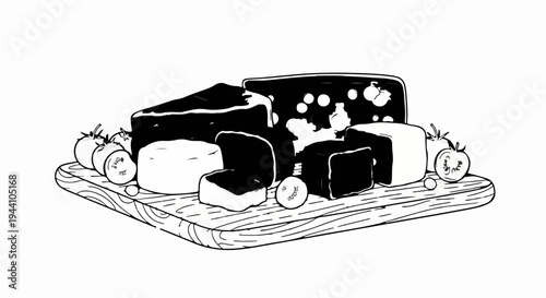 A variety of cheese and tomatoes are presented on a wooden cutting board