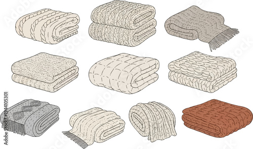 A variety of folded knitted blankets and throws in different textures and colors
