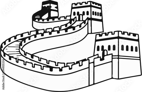 A stylized black and white illustration of the Great Wall of China