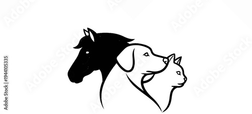 A stylized black and white illustration of three animals' profiles