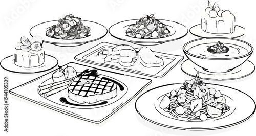 A variety of gourmet dishes including steak, pasta, soup, and desserts are displayed