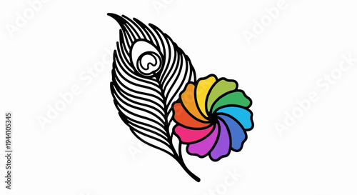 A stylized peacock feather with a colorful pinwheel design