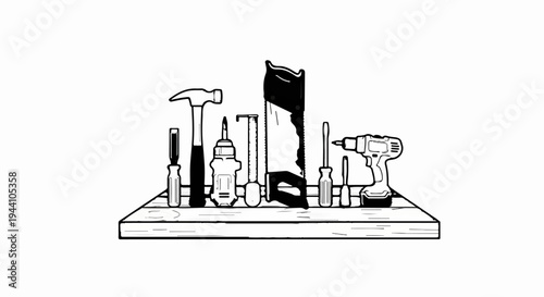A variety of hand tools and a power drill are arranged on a wooden shelf