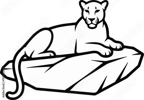 A stylized black and white line drawing of a cougar resting on a jagged rock