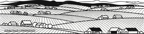 A stylized black and white line drawing of a rural landscape with rolling hills and scattered houses