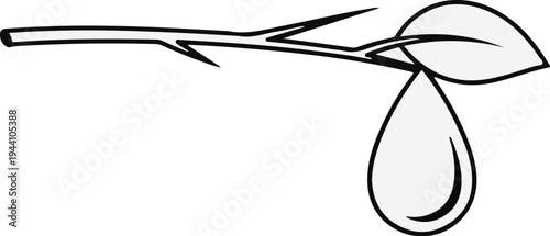 A stylized plant branch with a single leaf and a falling droplet