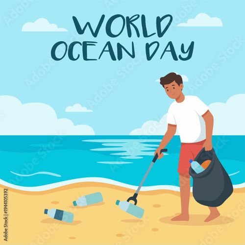 Ocean Day Clean Up a Man Responsibly Picking Up Plastic Bottles on the Beach