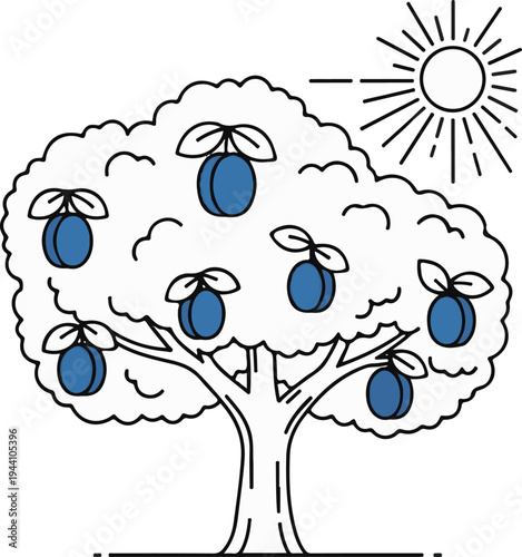 A stylized plum tree heavy with ripe fruit under a bright, beaming sun
