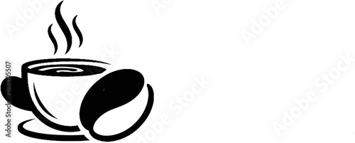 A steaming cup of coffee sits beside a large coffee bean, black and white graphic