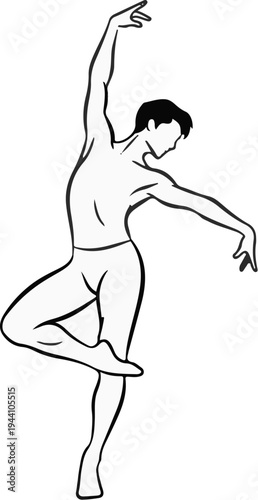 A stylized, black and white sketch of a dancer performing an elegant ballet pose