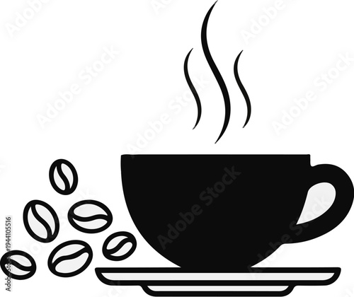 A steaming cup of coffee sits next to scattered coffee beans