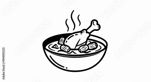 A steaming bowl of soup with a chicken leg and pieces of food