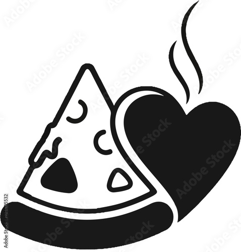 A stylized slice of pizza melts into a steaming heart