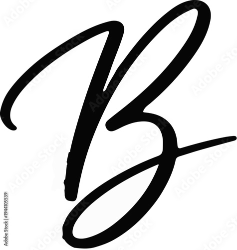 A stylized black letter "B" in a flowing, cursive script