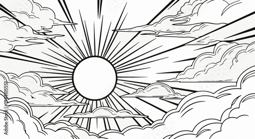 A stylized sunburst with radiating lines and fluffy clouds in a sky