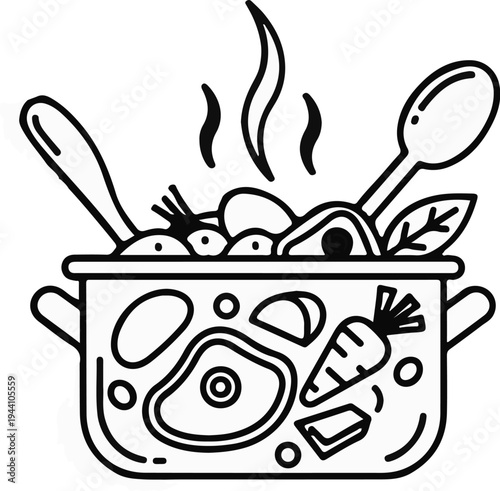 A steaming pot filled with assorted food items and cooking utensils