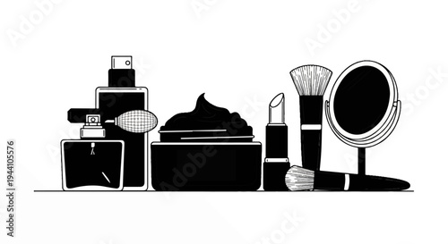 A still life arrangement of black and white cosmetics and accessories