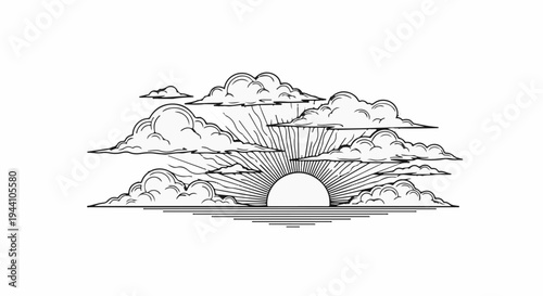 A stylized sunrise emerges from behind layered clouds over water
