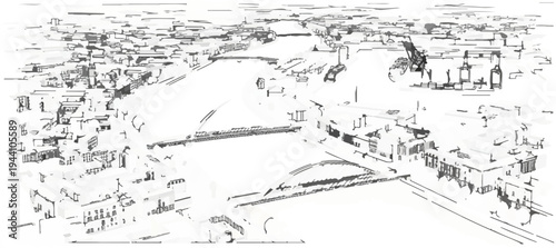 A stylized, sketch-like aerial view of a city with canals and buildings