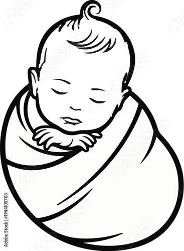 A sleeping infant peacefully swaddled in a blanket, with curly hair