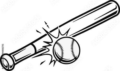 A stylized drawing of a baseball bat hitting a baseball with speed lines