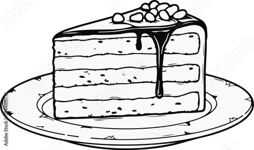 A slice of layered cake with drippy chocolate icing and nuts on a plate