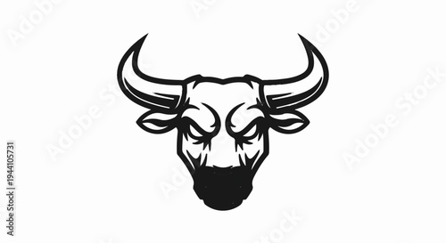 A striking black and white graphic illustration of a bull's head
