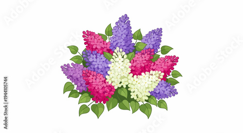A vibrant cluster of mixed-color lilac blossoms with green leaves