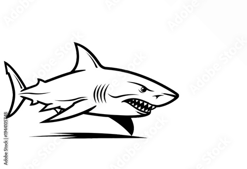 A striking black and white drawing of a fierce shark with sharp teeth