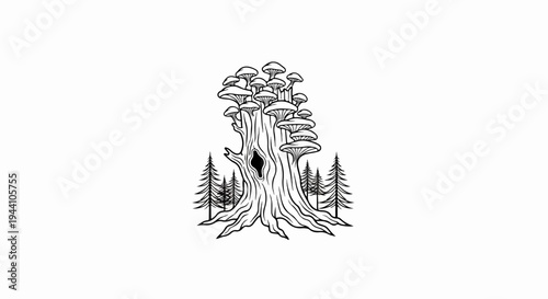 A stylized drawing of a large, gnarled tree trunk covered in many mushrooms