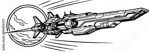 A stylized drawing of a futuristic spacecraft departing from a planet
