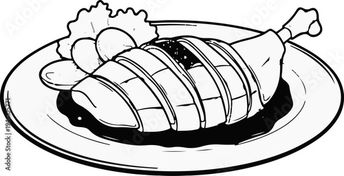 A sliced poultry leg on a plate with garnishes, presented in black and white