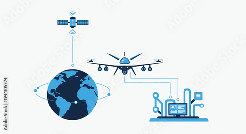 Fixed-wing unmanned aerial vehicle connects to a global network via a satellite orbiting the blue Earth schematic.