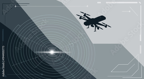 Silhouette of a multi-rotor unmanned aerial vehicle hovers over a dark gray monochromatic radar screen interface.