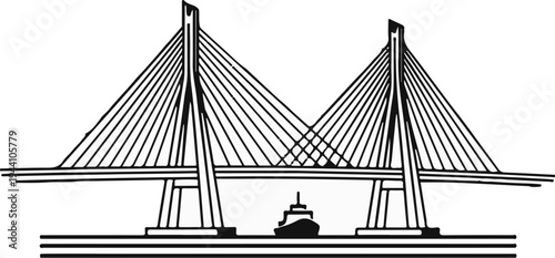 A striking black and white illustration of a cable-stayed bridge over a waterway