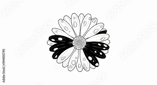 A striking black and white illustration of a daisy with half its petals dark
