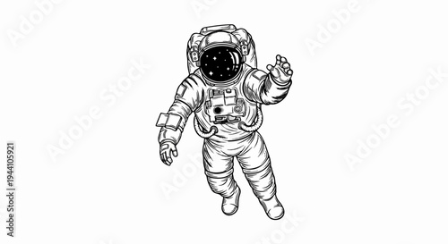 A stylized drawing of an astronaut floating in space, stars visible within helmet