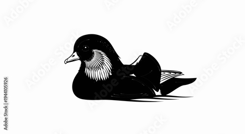 A stylized black and white illustration of a duck resting on a surface