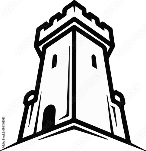 A stylized black and white illustration of a fortress tower